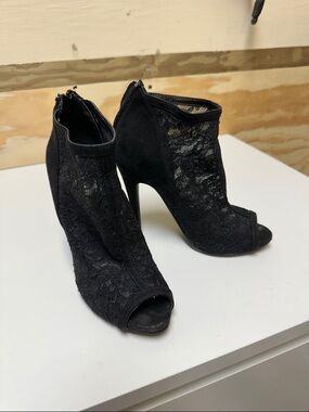 Guess Black Lace Peep-Toe Stiletto Booties